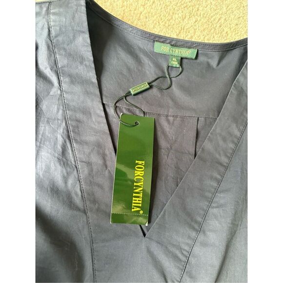 NEW FOR CYNTHIA Knee Length Dress size XL Navy Blue Puff Sleeve V-neck Embroider - Picture 9 of 11